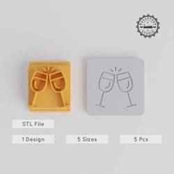 Cheers Stamp Tile Set, 5 Sizes for Clay & Cookies, Celebration Drink Designs, Festive Occasion 3D Print Files