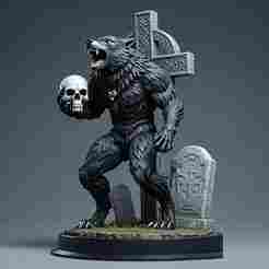 2286 Werewolf Howling with Skull - 3D Model, magic, dragon, serpent, wood, gnome, gorgon, warrior, wild, fox, monster, cat, fair, witch, werewolf, horror, beast, snake, troll, skeleton dance