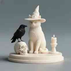 2336 Witch Cat with Skull, Raven, and Candlestick - Ivory-Style Figurine, magic, dragon, serpent, wood, gnome, gorgon, warrior, wild, fox, monster, cat, fair, witch, werewolf, horror, beast, snake, troll, skeleton dance