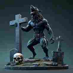 2359 Werewolf Howling with Skull - 3D Model, magic, dragon, serpent, wood, gnome, gorgon, warrior, wild, fox, monster, cat, fair, witch, werewolf, horror, beast, snake, troll, skeleton dance, halloween