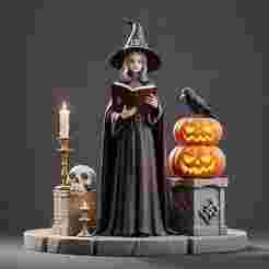 2364 Halloween Witch with Spell book, Skull, Raven and Pumpkin - Color 3D Model on Pedestal, halloween, magic, dragon, serpent, mask, gnome, gorgon, wild, fox, monster, cat, fair, witch, werewolf, horror, beast, snake