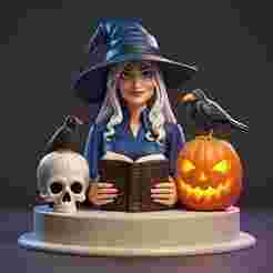 2368 Halloween Witch with Spell book, Skull, Raven and Pumpkin - Color 3D Model on Pedestal, halloween, magic, dragon, serpent, mask, gnome, gorgon, wild, fox, monster, cat, fair, witch, werewolf, horror, beast, snake