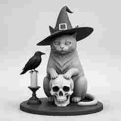 2372 Witch Cat with Skull, Raven, and Candlestick - Ivory-Style Figurine, Halloween, magic, spider, mask, gnome, gorgon, wild, bat, monster, mutant, fair, witch, werewolf, horror, beast, mutant spider, skeleton, skull