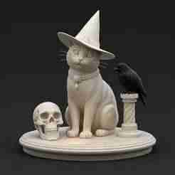 2373 Witch Cat with Skull, Raven, and Candlestick - Ivory-Style Figurine, halloween, magic, dragon, serpent, wood, gnome, gorgon, warrior, wild, fox, monster, cat, fair, witch, werewolf, horror, beast, snake, troll, skeleton dance