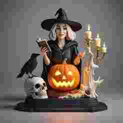 2376 Halloween Witch with Spell book, Skull, Raven and Pumpkin - Color 3D Model on Pedestal, halloween, magic, dragon, serpent, mask, gnome, gorgon, wild, fox, monster, cat, fair, witch, werewolf, horror, beast, snake