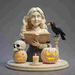 2380 Halloween Witch with Spell book, Skull, Raven and Pumpkin - Color 3D Model on Pedestal, Halloween, magic, spider, mask, gnome, gorgon, wild, bat, monster, mutant, fair, witch, werewolf, horror, beast, mutant spider, skeleton, skull