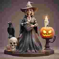 2381 Halloween Witch with Spell book, Skull, Raven and Pumpkin - Color 3D Model on Pedestal, Halloween, magic, spider, mask, gnome, gorgon, wild, bat, monster, mutant, fair, witch, werewolf, horror, beast, mutant spider, skeleton, skull