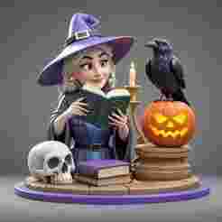 2395 Halloween Witch with Spell book, Skull, Raven and Pumpkin - Color 3D Model on Pedestal, halloween, magic, spider, mask, gnome, gorgon, wild, bat, monster, mutant, fair, witch, werewolf, horror, beast, mutant spider, skeleton, skull