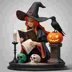 2398 Halloween Witch with Spell book, Skull, Raven and Pumpkin - Color 3D Model on Pedestal, halloween, magic, spider, mask, gnome, gorgon, wild, bat, monster, mutant, fair, witch, werewolf, horror, beast, mutant spider, skeleton, skull