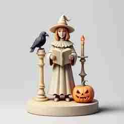 2401 Halloween Witch with Spell book, Raven and Pumpkin - Color 3D Model on Pedestal, halloween, magic, spider, mask, gnome, gorgon, wild, bat, monster, mutant, fair, witch, werewolf, horror, beast, mutant spider, skeleton, skull