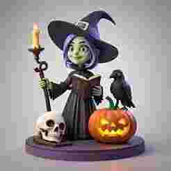 2415 Halloween Witch with Spell book, Skull, Raven and Pumpkin - Color 3D Model on Pedestal, Halloween, magic, spider, mask, gnome, gorgon, wild, bat, monster, mutant, fair, witch, werewolf, horror, beast, mutant spider, skeleton, skull