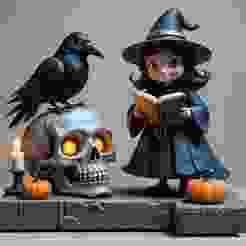 2428 Halloween Witch with Spell book, Skull, Raven and Pumpkin - Color 3D Model on Pedestal, halloween, magic, spider, mask, gnome, gorgon, wild, bat, monster, mutant, fair, witch, werewolf, horror, beast, mutant spider, skeleton, skull