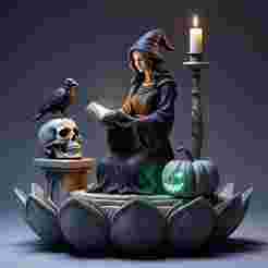 2429 Halloween Witch with Spell book, Skull, Raven and Pumpkin - Color 3D Model on Pedestal, halloween, magic, spider, mask, gnome, gorgon, wild, bat, monster, mutant, fair, witch, werewolf, horror, beast, mutant spider, skeleton, skull