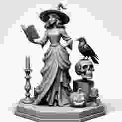 2431 Halloween Witch with Spell book, Skull, Raven and Pumpkin - Color 3D Model on Pedestal, Halloween, magic, spider, mask, gnome, gorgon, wild, bat, monster, mutant, fair, witch, werewolf, horror, beast, mutant spider, skeleton, skull