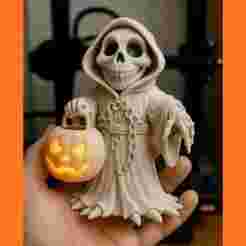 3D Halloween Grim Reaper Figurine with Pumpkin Lantern – Spooky Decorative Model #HALLOWEENSTL