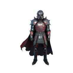 A Confident Armored Figure: Dark Metallic Plates and Intricate Red Patterns Define a Fierce, Battle-Ready Stance, Cloaked in Crimson