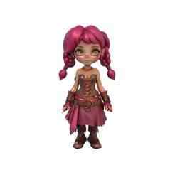 A playful and curious character design featuring bright pink hair in braids, expressive eyes, and an enthusiastic, adventurous smile