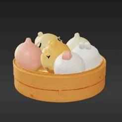 Adorable Food Statue - Happy Dim Sum in Bamboo Steamer Basket