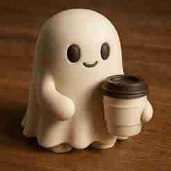 Cute Ghost with Coffee Cup – Kawaii Halloween 3D Print Figurine