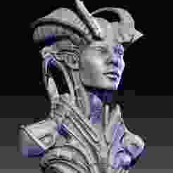 Dark Sci-Fi Demon Queen Bust – Alien Armor, Gothic Horns & Futuristic Detail – 3D Print Collectible