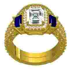 Emeral Cut Three Stone Filigree Wedding Ring with Band