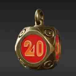 Fantasy Gaming D20 Charm - Polished Gold Crit Success Keychain with Vivid Red Twenty Face