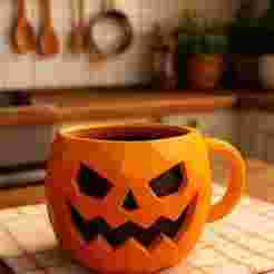 Halloween Pumpkin Mug – Low Poly STL for 3D Printing | Jack-o'-Lantern Cup