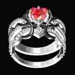 Heart Ring Set With Black Deer Antler Engagement ring