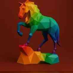 Low Poly Standing Horse STL – Geometric Horse Sculpture on Rock for 3D Printing