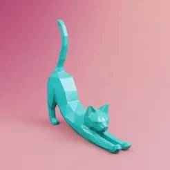 🐾 Low Poly Stretching Cat 3D Print Model | Minimalist Polygon Cat Figurine STL