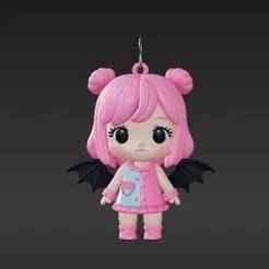Pastel K-Pop Chibi Charm - Expressive Idol Figure with Matte Black Fantasy Wings for 3D Printing