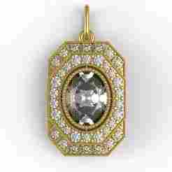 Round Diamond and Oval Stone Emerald Shaped Filigree Pendant
