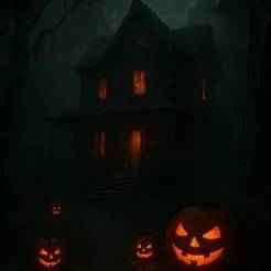 Spooky Haunted Halloween House with Jack-o'-Lanterns