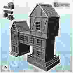 Large medieval half-timbered building with suspended storey and platform with balustrades (11) - Medieval Gothic Feudal Old Archaic Saga 28mm 15mm RPG