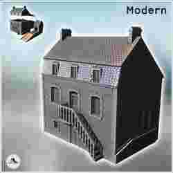 Modern Mansard-roofed building with access staircase and molded balustrade, and double chimneys (17) - Modern WW2 WW1 World War Diaroma Wargaming RPG Mini Hobby