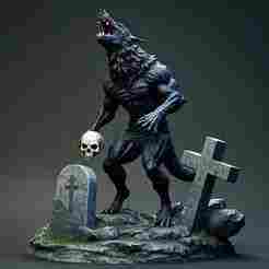 2080 Howling Werewolf with Skull - 3D Printed Statue, magic, dragon, serpent, mask, gnome, gorgon, venetian carnival, wild, fox, monster, cat, fair, witch, werewolf, horror, beast, snake, troll, skeleton dance
