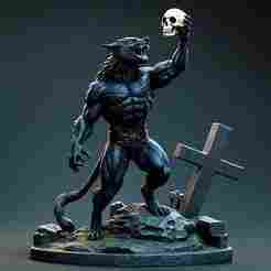 2102 Howling Werewolf with Skull - 3D Printed Statue, magic, dragon, serpent, mask, gnome, gorgon, venetian carnival, wild, fox, monster, cat, fair, witch, werewolf, horror, beast, snake, troll, skeleton dance