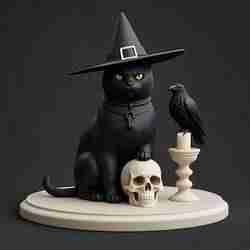 2344 Witch Cat with Skull Raven and Candlestick