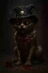 Dark Fantasy Cat Sculpture 3D Model - Bloody Witch Hat