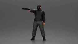 Masked man in black jacket aims shotgun with determined gaze