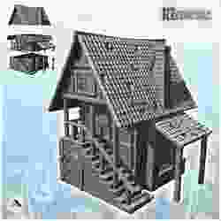 Medieval house with tiled roof and large staircase and canopy (6) - Medieval Gothic Feudal Old Archaic Saga 28mm 15mm
