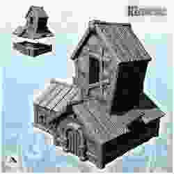 Medieval house with wooden roof and central tower with window (12) - Medieval Feudal Old Archaic Saga 28mm 15mm