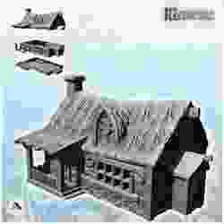 Medieval straw-roofed inn with awning and side door (22) - Medieval Feudal Old Archaic Saga 28mm 15mm