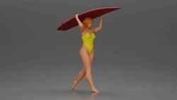 woman in swimsuit carrying a red surfboard on her shoulders