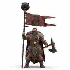 Furious Barbarian Chieftain with Battle Standard - Dynamic Fantasy RPG Miniature for 3D Print