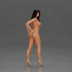 Naked Long black haired woman with one hand on her hip