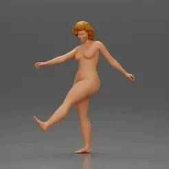 Naked Woman joyfully kicks her leg with energy