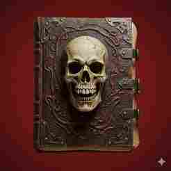 Ancient grimoire with skull - Halloween, spooky, scary, horror, creepy, haunted, October 31, trick or treat, pumpkin, jack o’ lantern, jackolantern, ghost, skeleton, skull, zombie, witch, vampire, monster, mummy, Frankenstein, Grim Reaper, scarecrow, pump