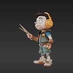 Cartoon Band Member Figurine – Drumsticks, Headphones, and Poseable Limbs
