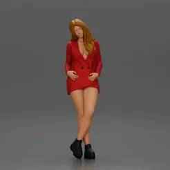 Stylish woman in red blazer dress and boots posing with crossed legs